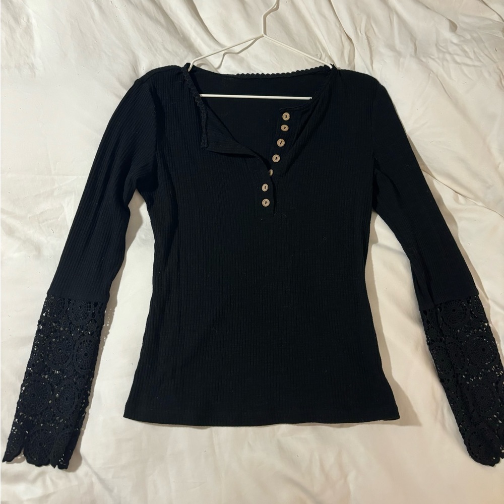 Black Y2K Long Sleeve Lace Shirt